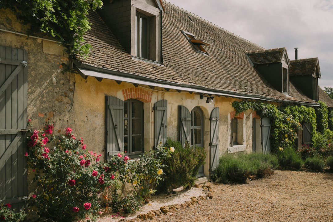 Maison de ville en pierre avec volets et rosiers à Saint-Étienne
